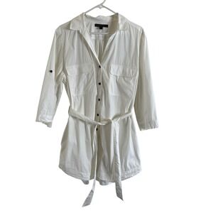 Lafayette 148 New York Shirt Women's L White Belted Roll Tab Sleeve Minimalist